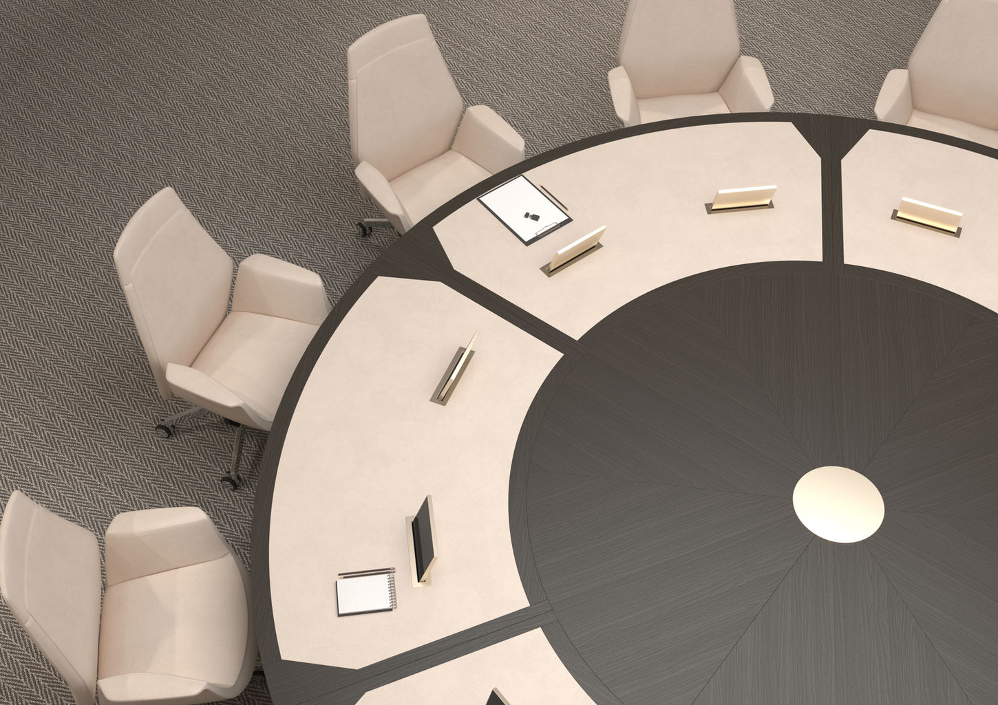 A round executive conference table with cream leather, planked black wood veneer, and champagne metal, paired with upholstered executive chairs for a modern boardroom scene in a high-end office (Vega Closed - TURADI)