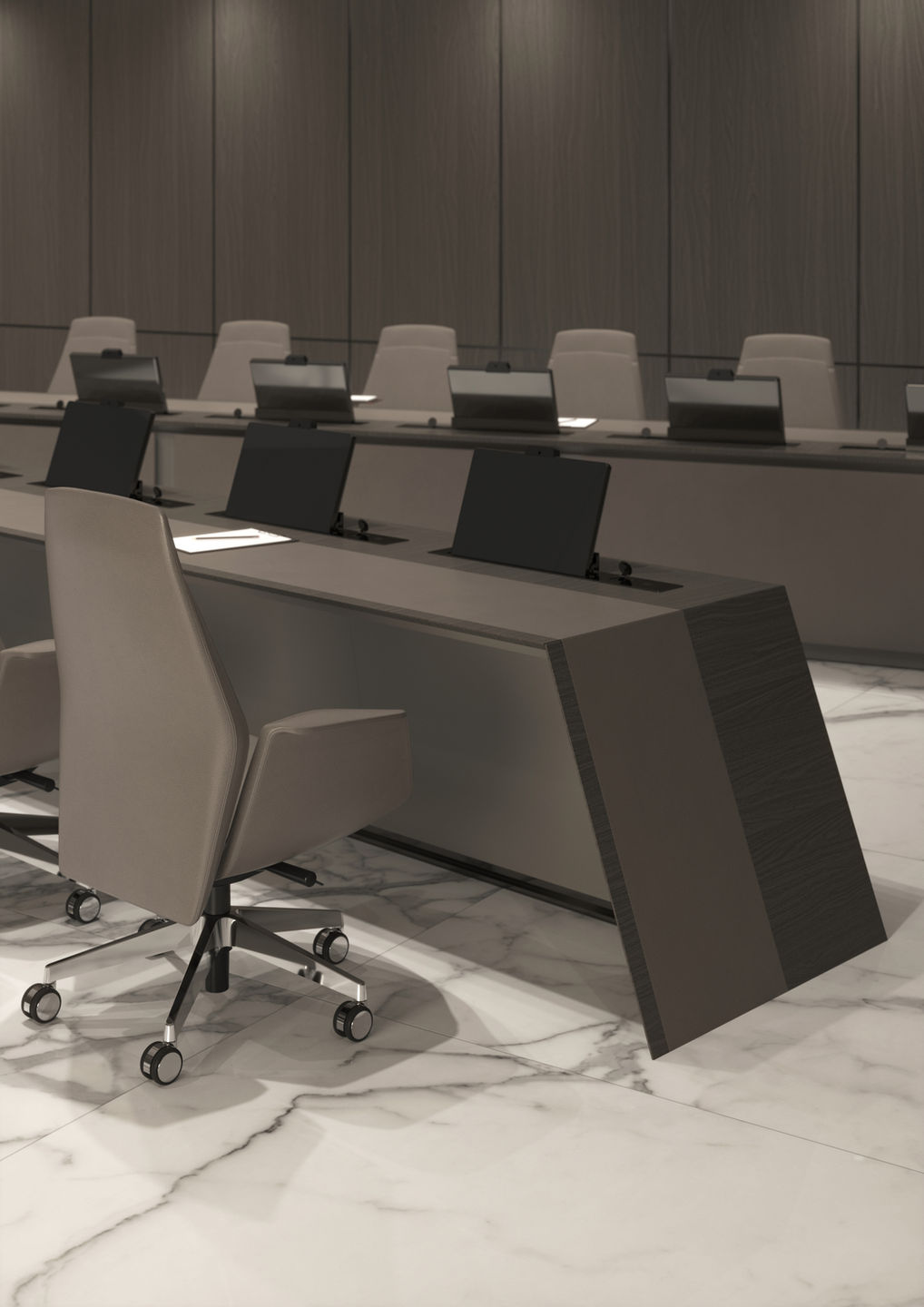 high-end modern V-shaped boardroom meeting table with integrated monitors, made in Italy (Verve - Turadi)