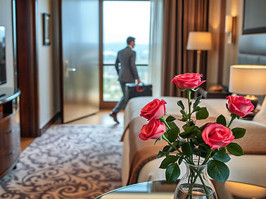 Guest walking into their room and there are roses on the table