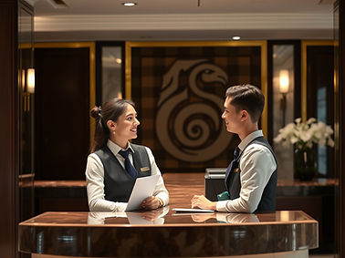 Two front desk agents talking
