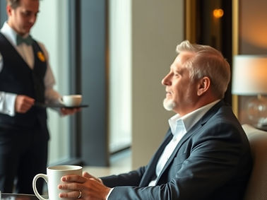 show a guestGuest sitting at a table with an empty coffee mug and a waiter is bringing them a refill