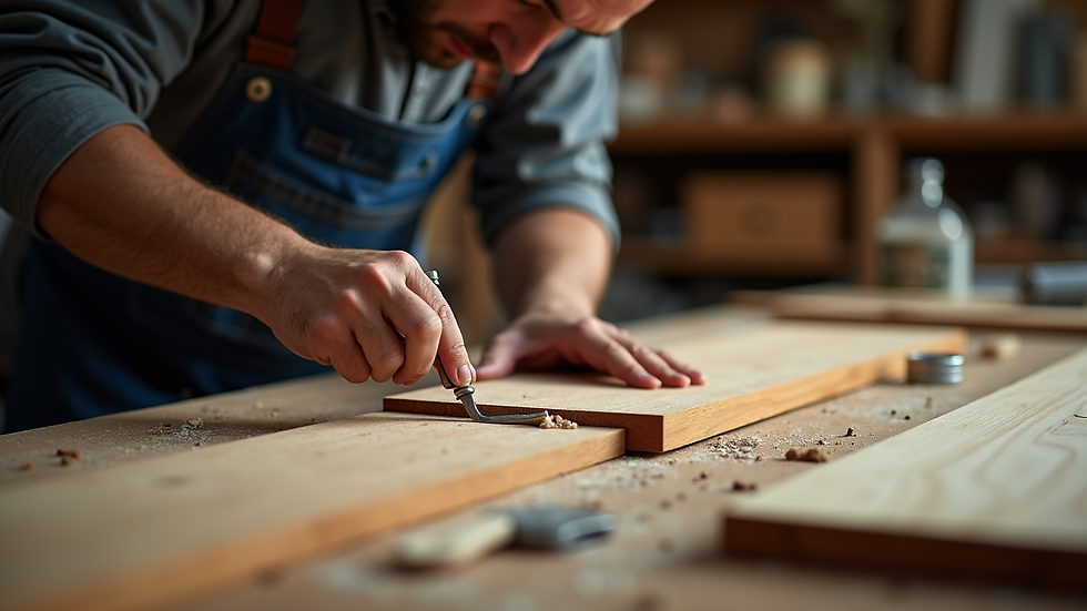 Eye-level view of a craftsman working on a custom wooden piece