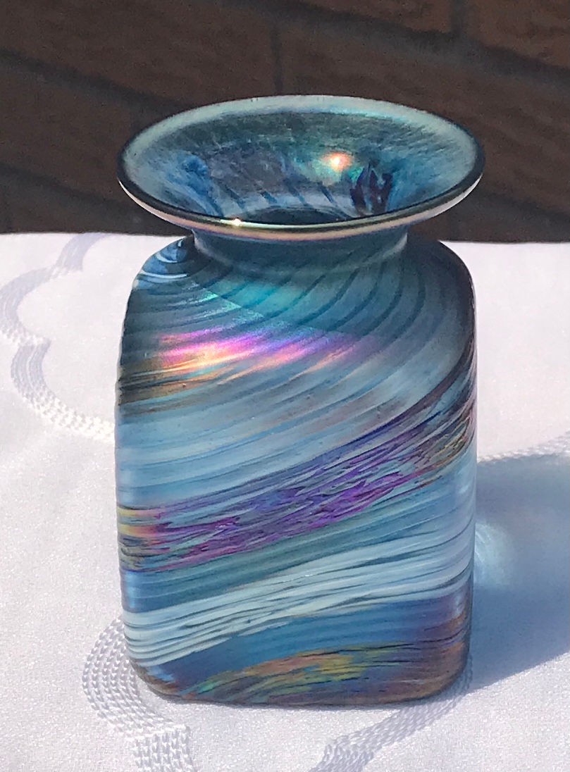 Thumbnail: Handmade Signed Robert Held Art Glass Square Shape Blue Miniature Vase