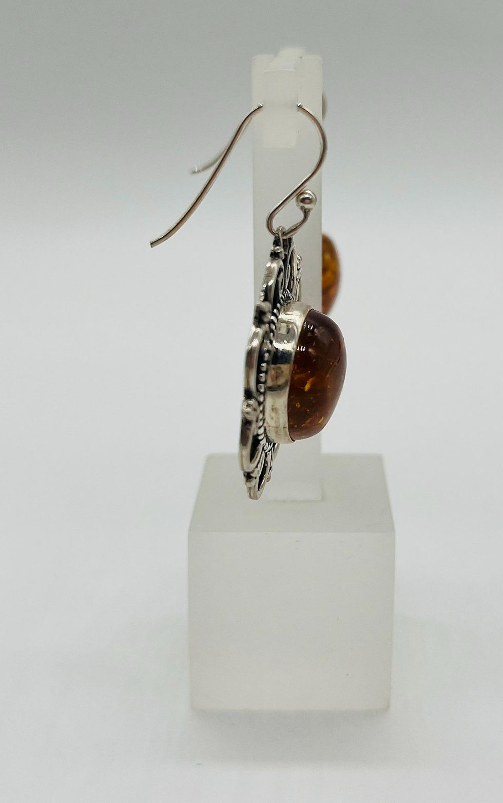 Thumbnail: Genuine Natural Cognac Baltic Amber with Floral Silver Design Drop Earrings