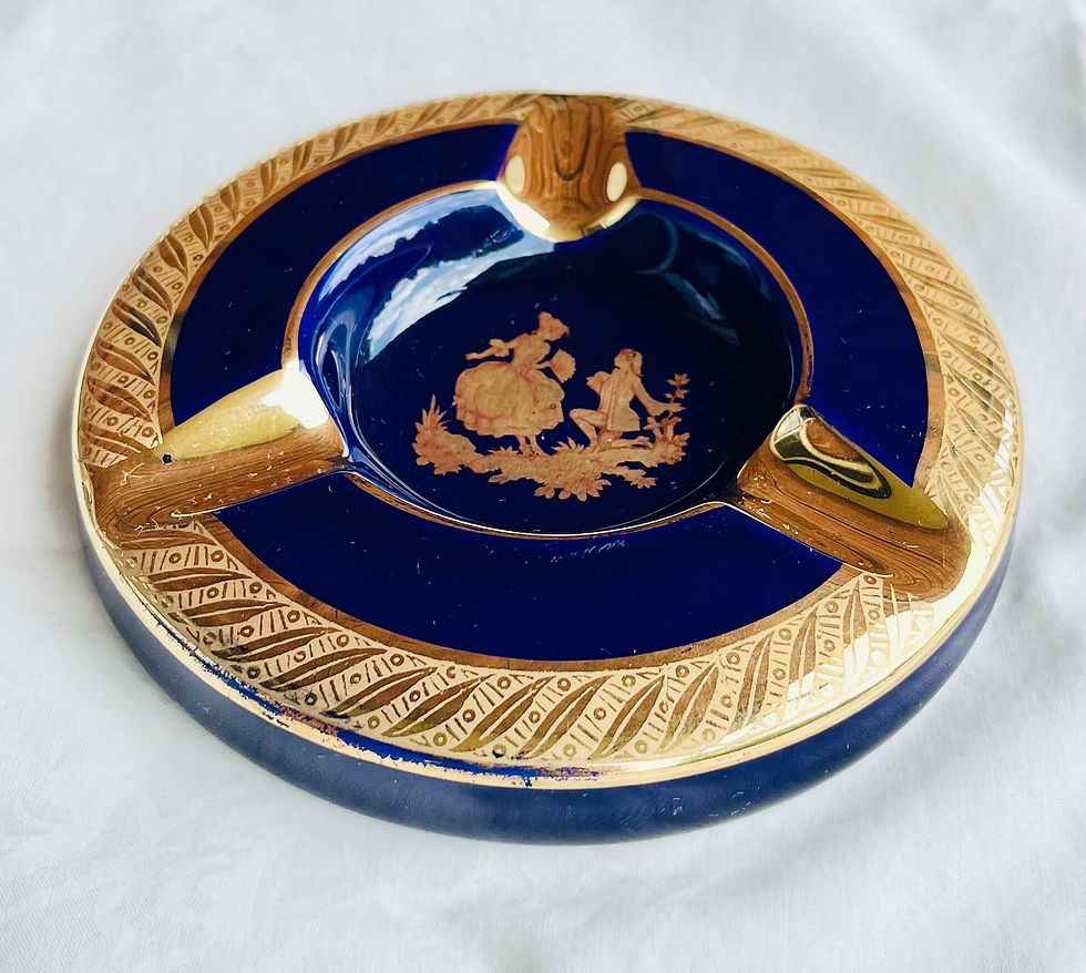 Vintage Limoges France Porcelain Cobalt Blue and Gold Romantic Portrait Ashtray