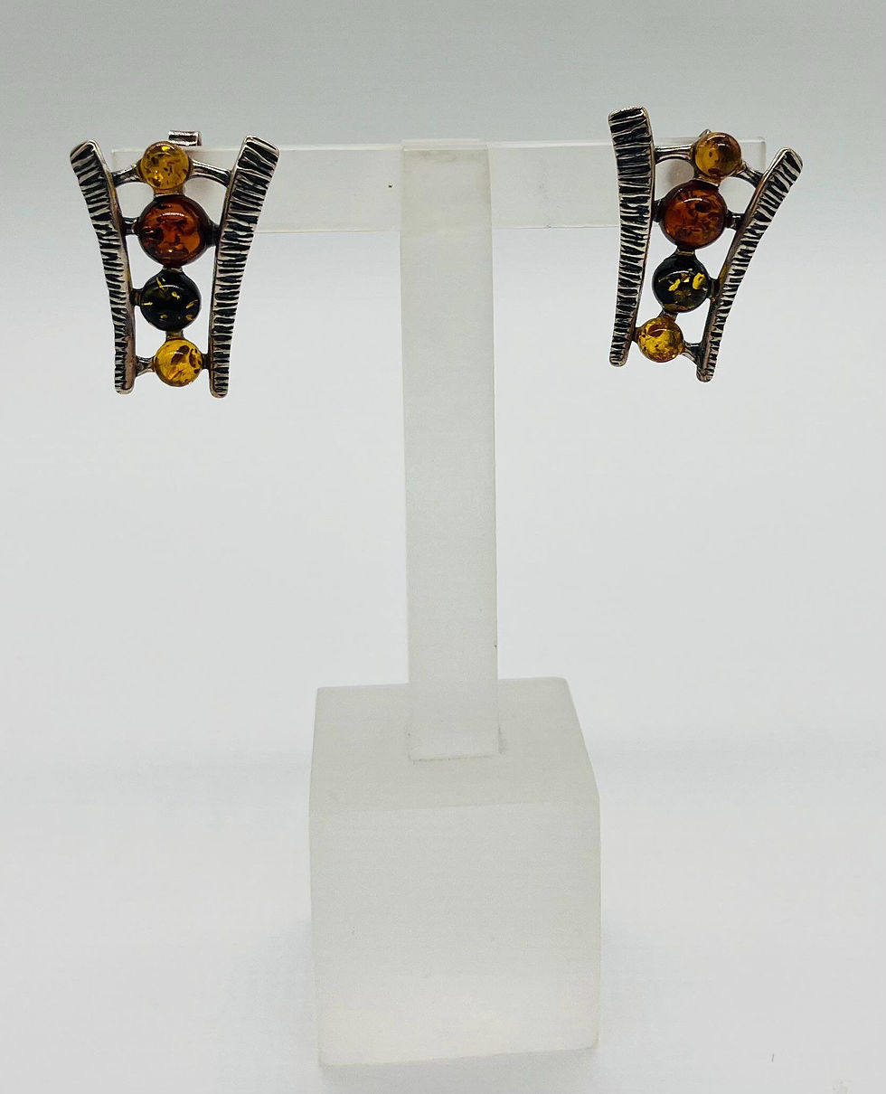 Thumbnail: Authentic Genuine Natural Baltic Amber & Silver Multi Colour Drop Earrings