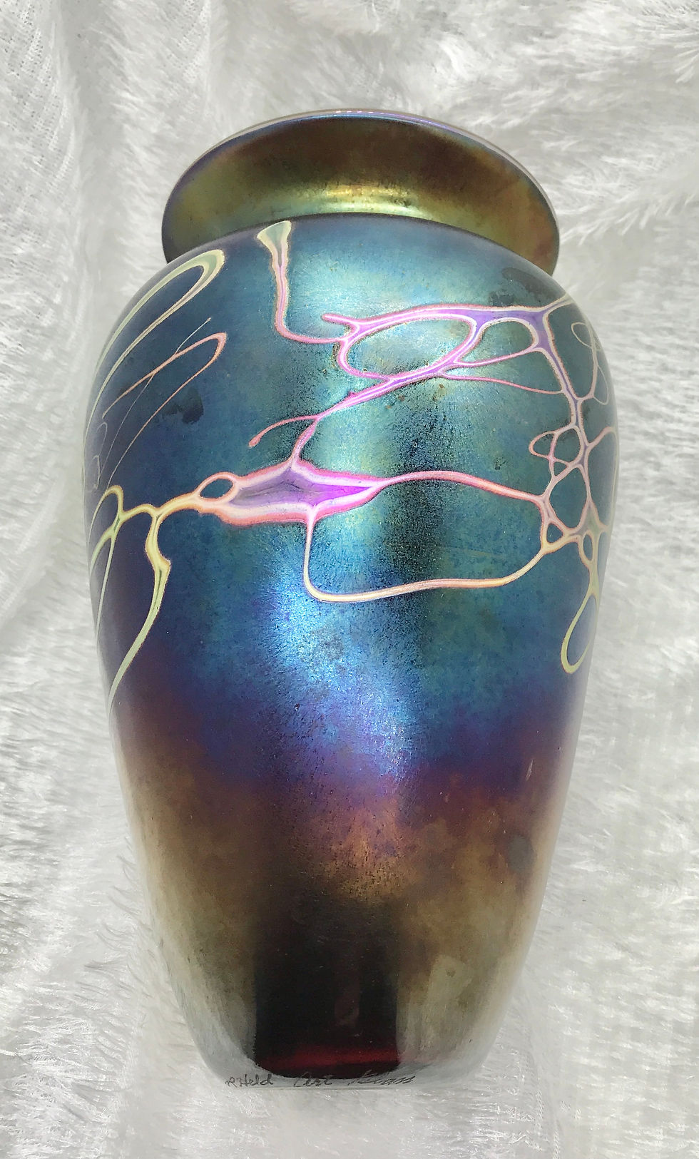 Thumbnail: Handmade Signed Robert Held Art Glass Metallic with Colourful Pulled Design