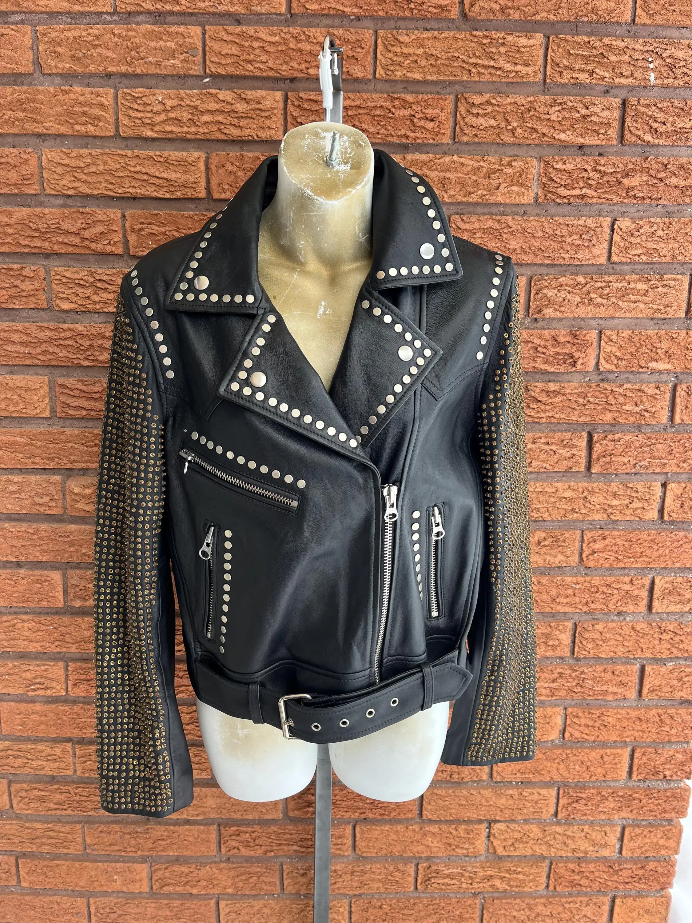 Vintage Women’s Nasty Gal Black Leather and Studded Jacket