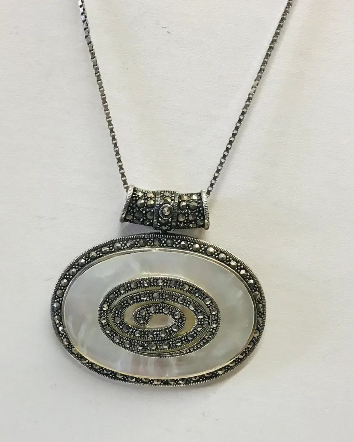 Vintage Mother of pearl & Marcasite Set in Silver Pendant,