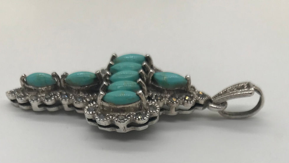Fancy Style Silver Cross with Turquoise Gemstones & Marcasites Pendant