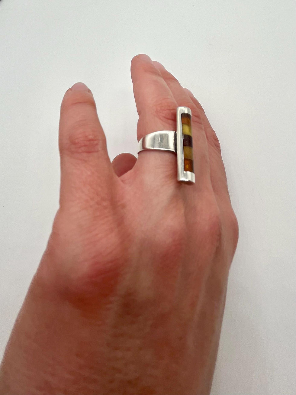 Thumbnail: Authentic Multi Colour Baltic Amber Curved Rectangular Shape Ring Size 6 3/4