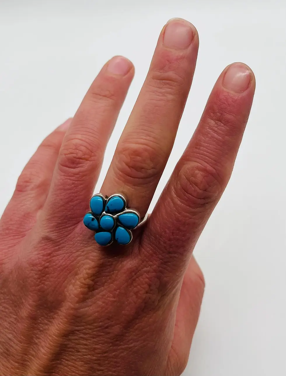 Thumbnail: Flower Turquoise Cocktail Silver Ring Size  7 1/2, Vintage Ring