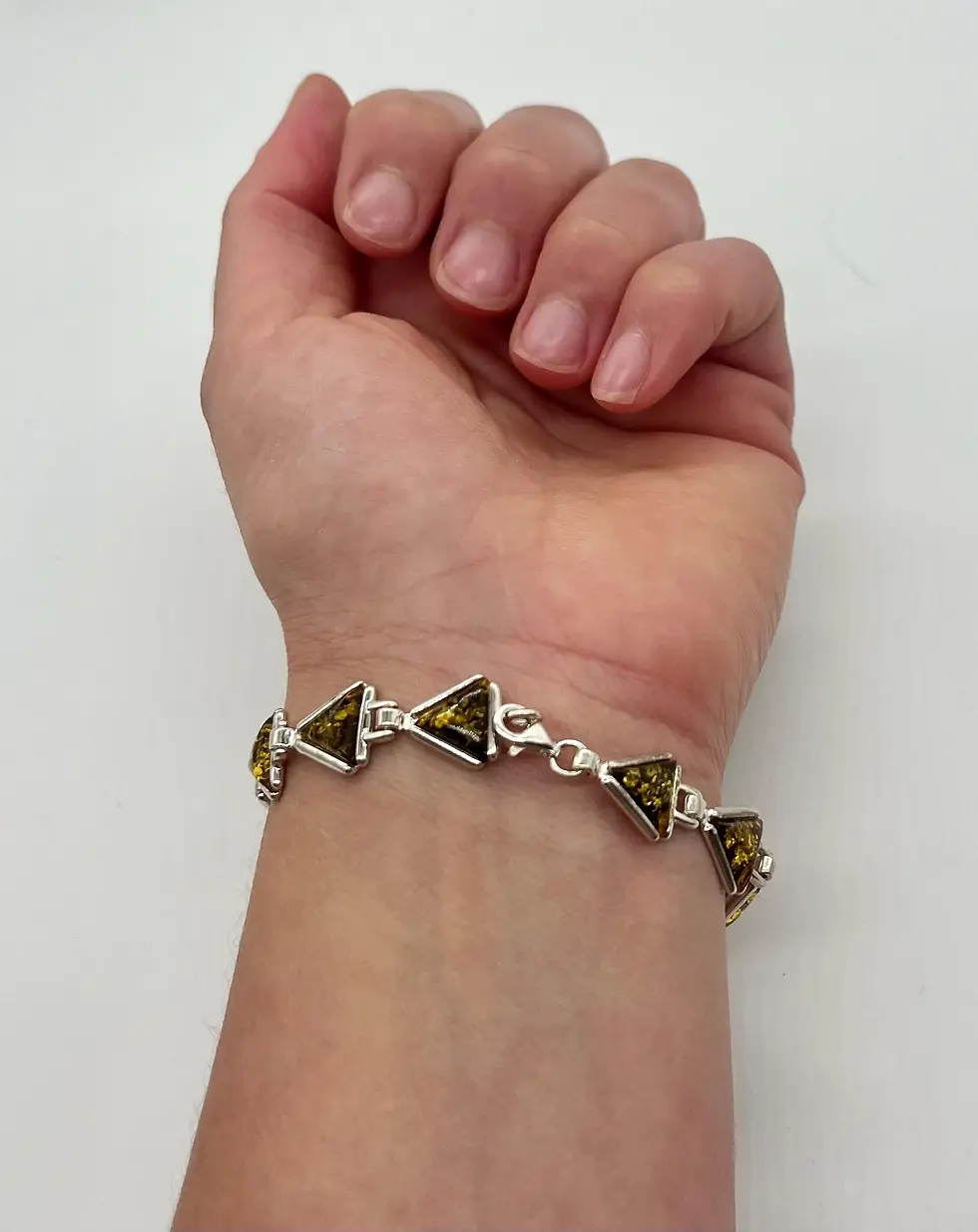 Thumbnail: Authentic Green Baltic Amber Link Triangular Shape Design Bracelet