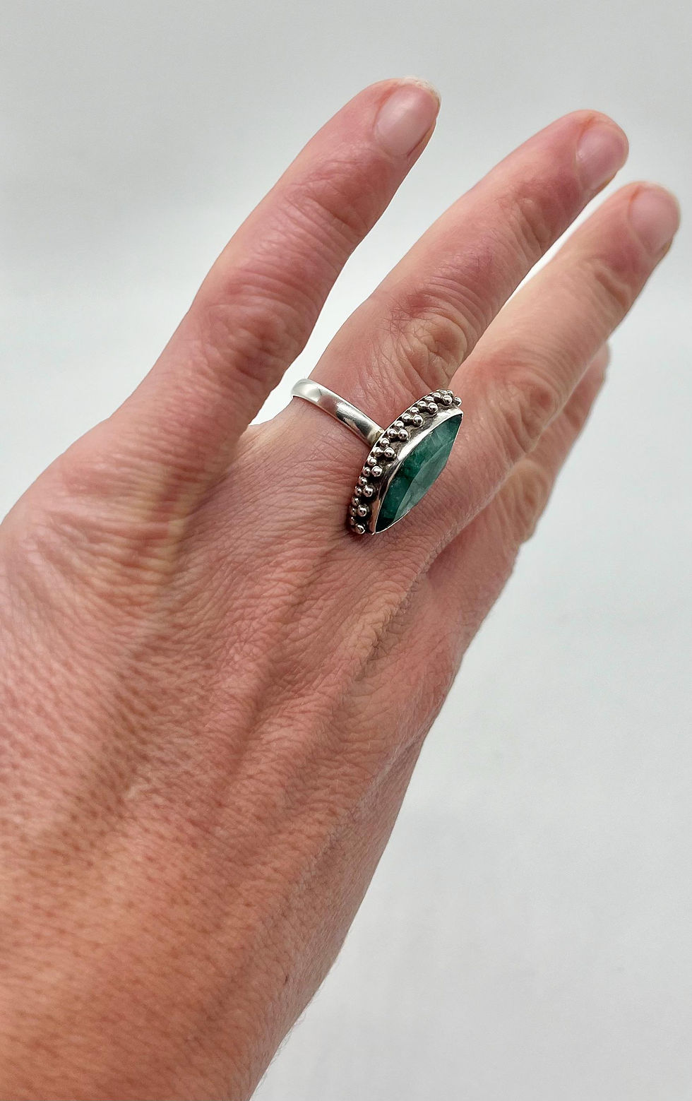 Thumbnail: Marquise Shape Green Beryl and Silver Ring Size 7