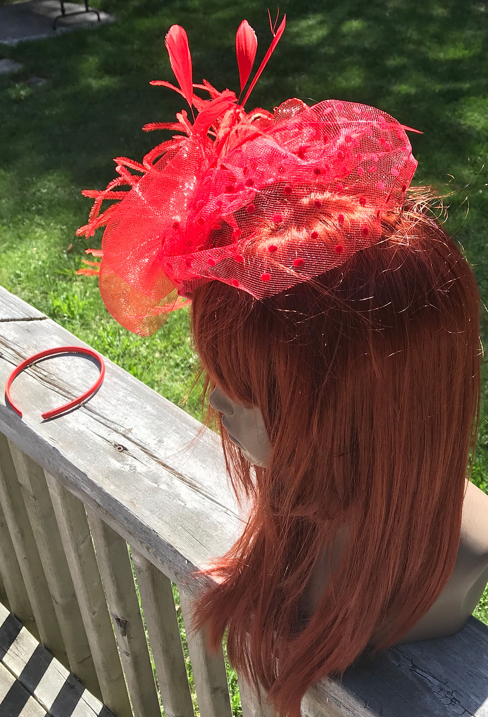 Thumbnail: Red Pillbox Style Fancy Fascinator with Feathers and Birdcage Clip and Headband