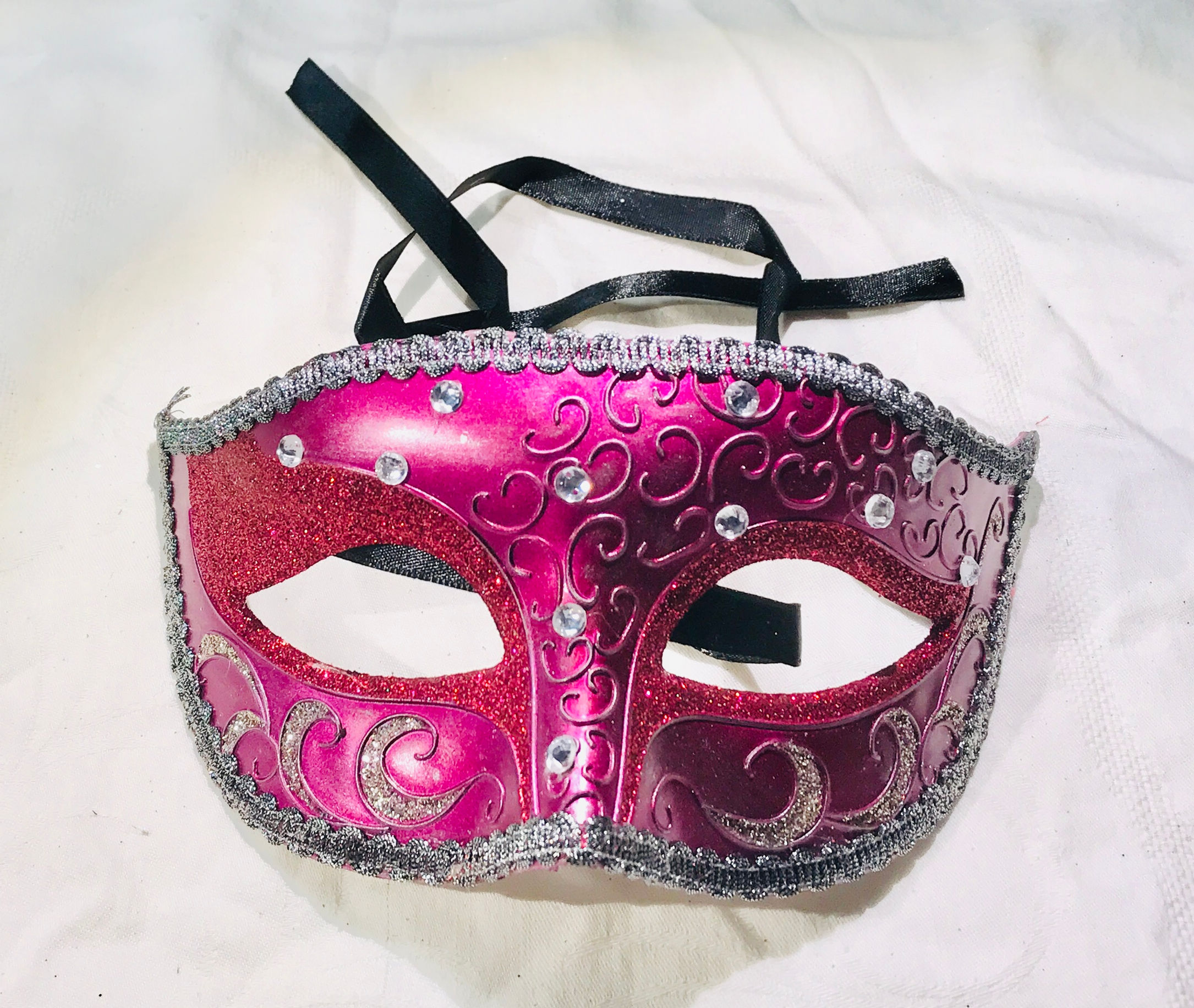Fuchsia and Silver Decorative Masquerade Mask with Clear Stones