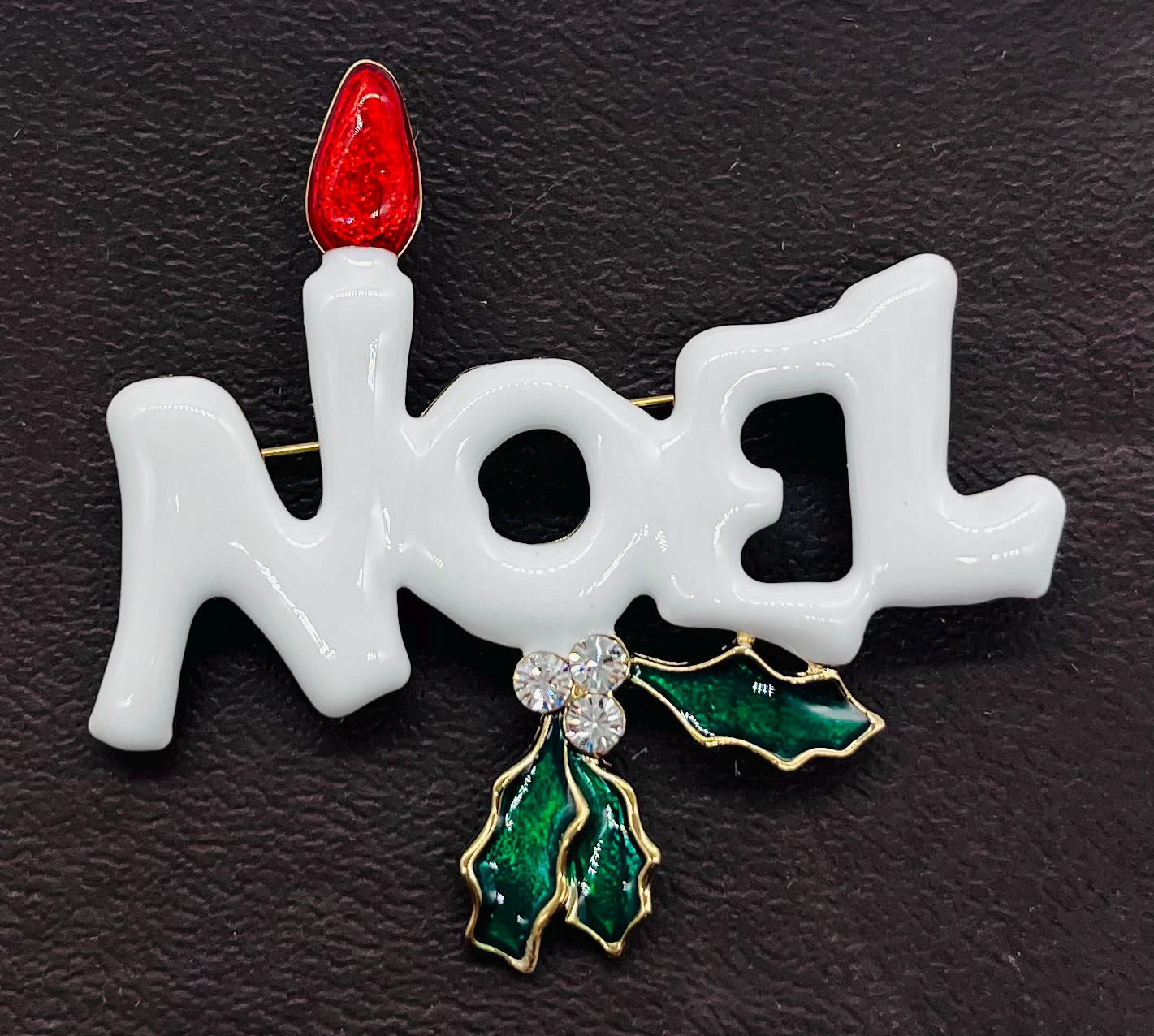 Christmas Noel with Holly and Rhinestones Brooch Pin