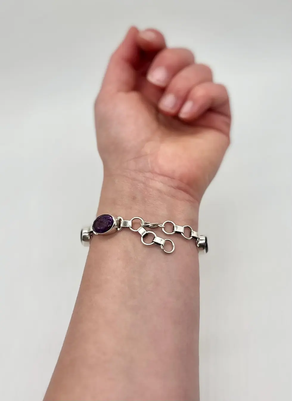 Thumbnail: Oval Shape Amethyst and Silver Link Bracelet