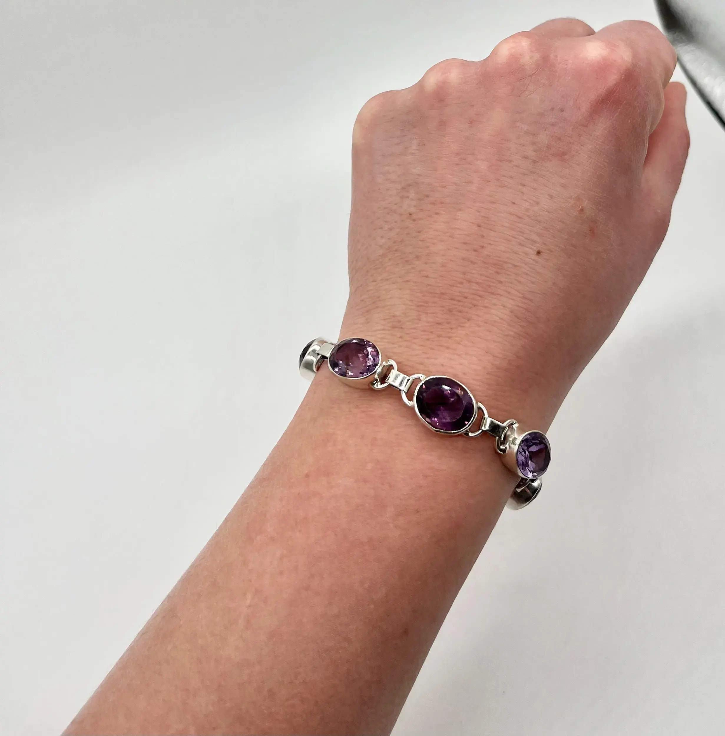 Oval Shape Amethyst and Silver Link Bracelet