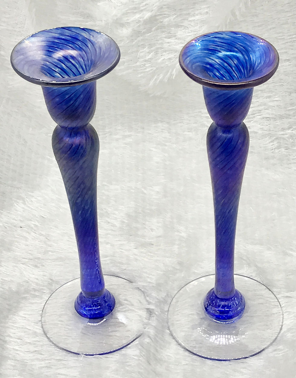 Thumbnail: Robert Held Art Glass Cobalt Blue with Feather Design Short Candlesticks