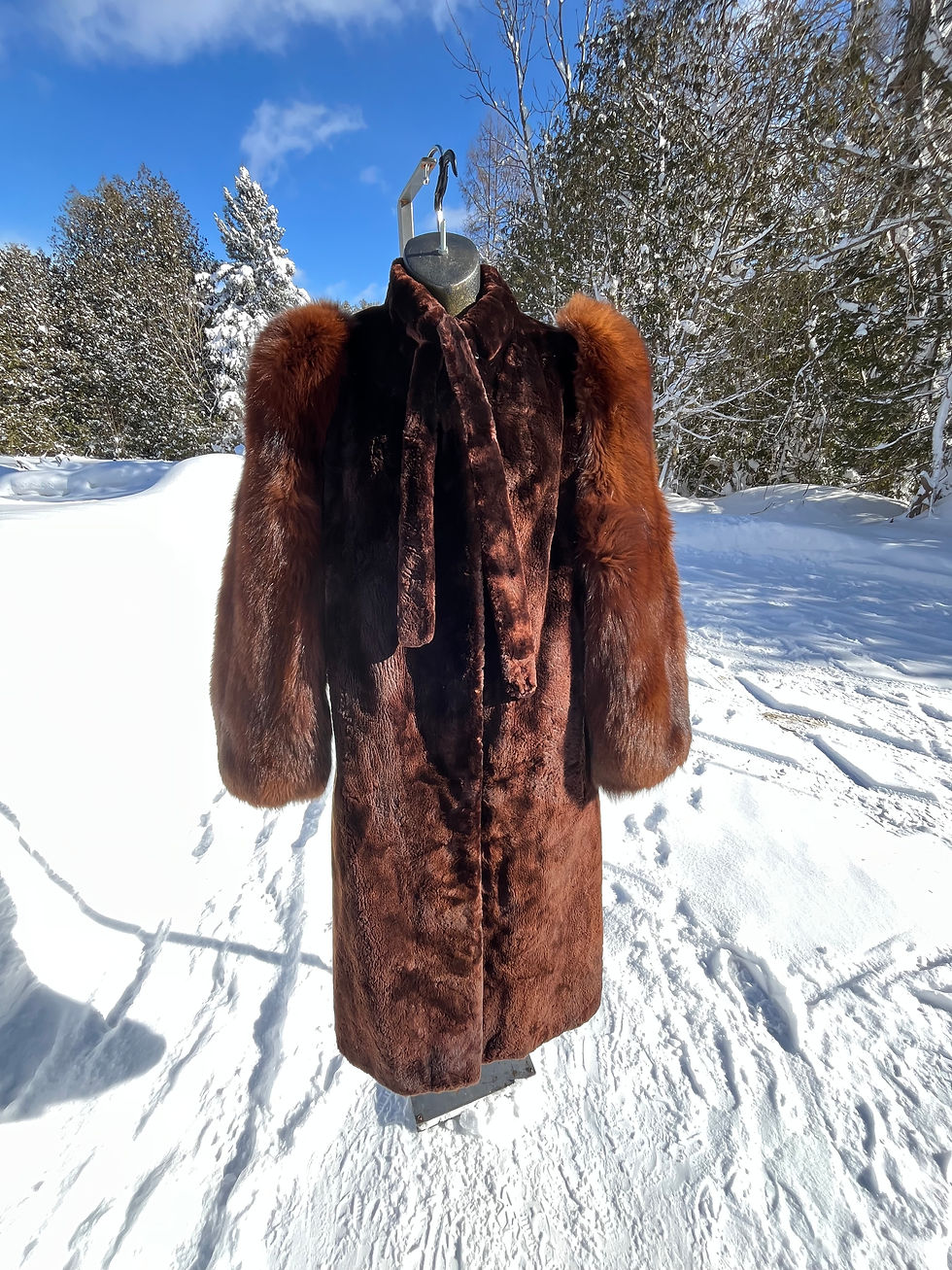 Thumbnail: Vintage Brown Sheared Mink Fur with Brown Fox Sleeves Coat - Size X-Small