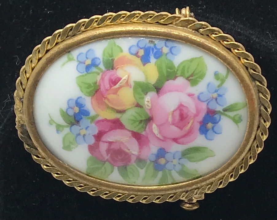 Thumbnail: Vintage Hand Painted Limoges Made in France Floral Portrait Brooch Pi