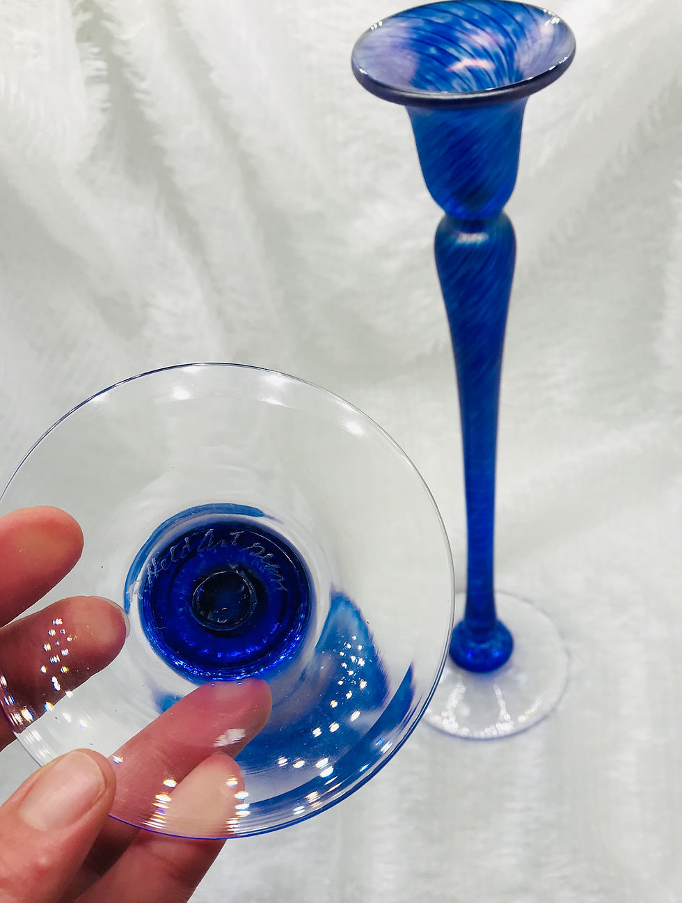 Thumbnail: Robert Held Art Glass Cobalt Blue with Feather Design Tall Candlesticks