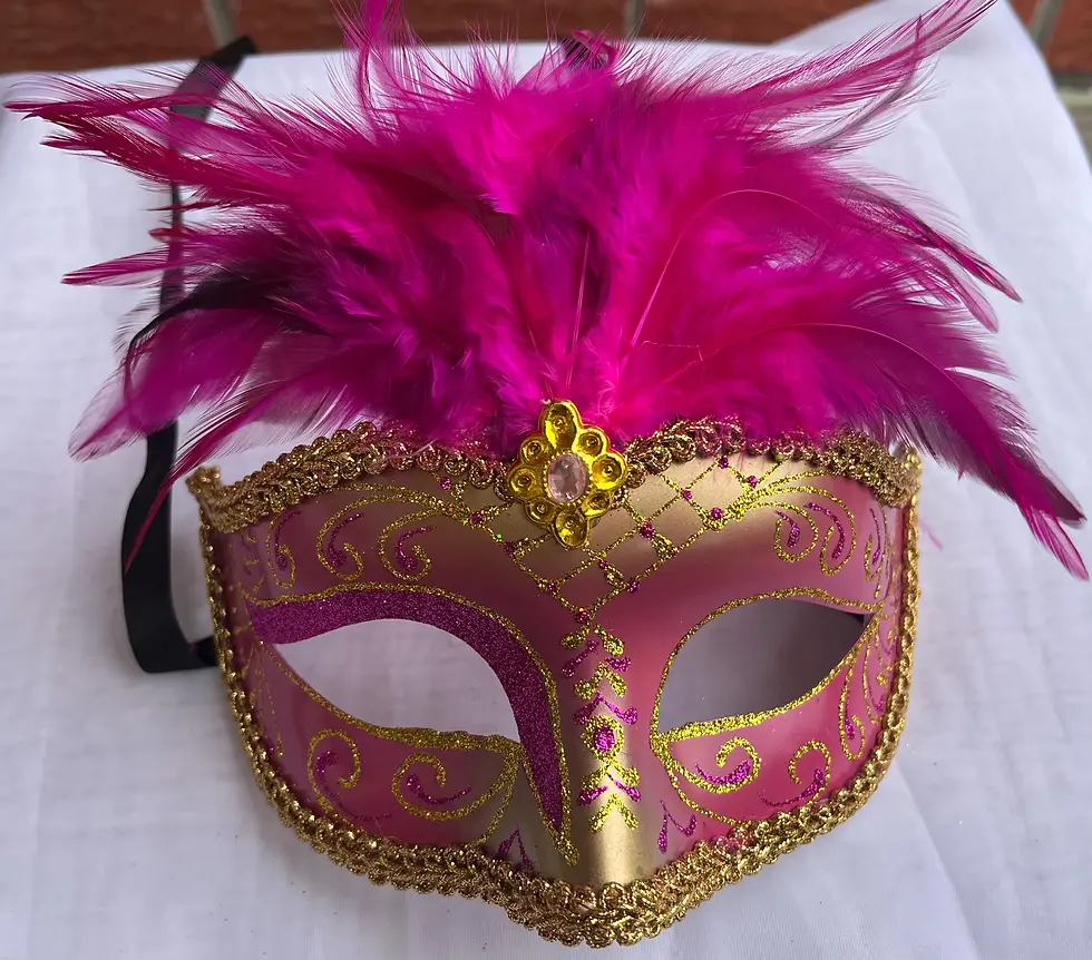 Thumbnail: Pink and Gold Fancy Masquerade Mask with Feathers on Top