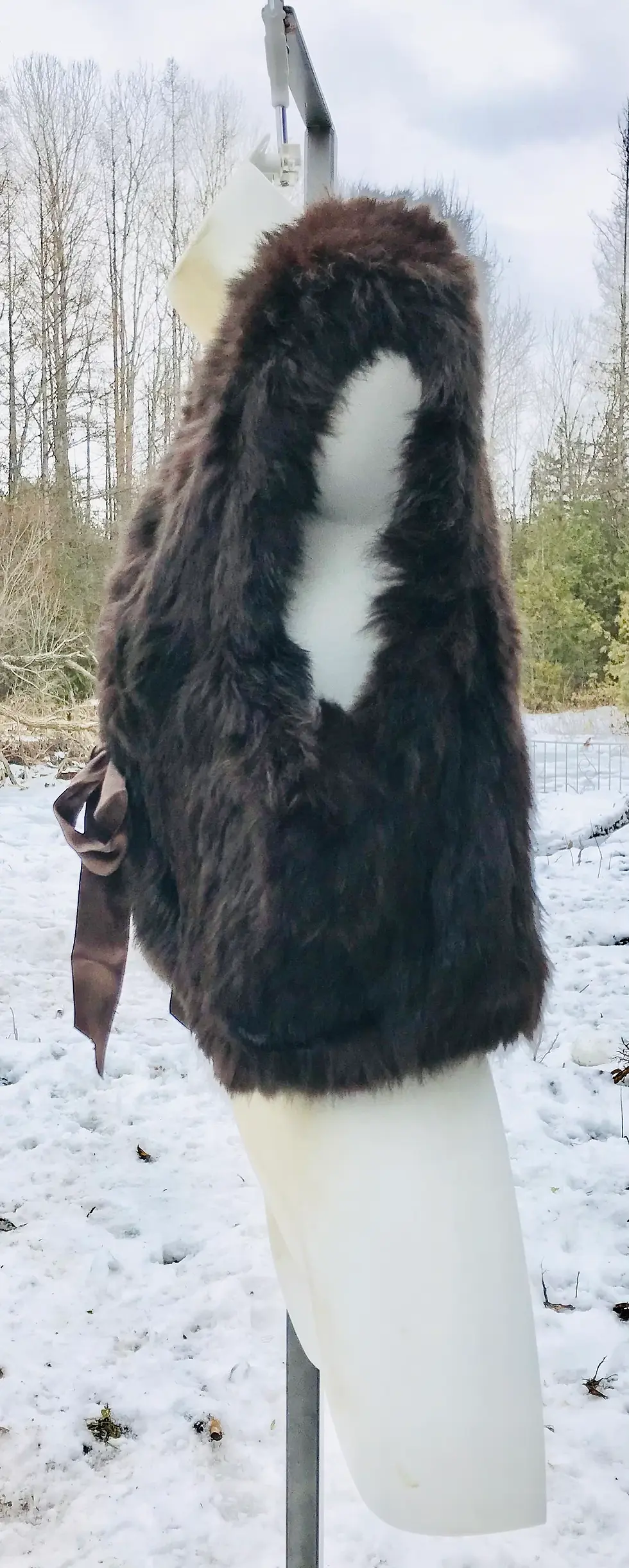 Vintage Brown Woven Rabbit Fur Vest with Ribbon Tie & Beadwork