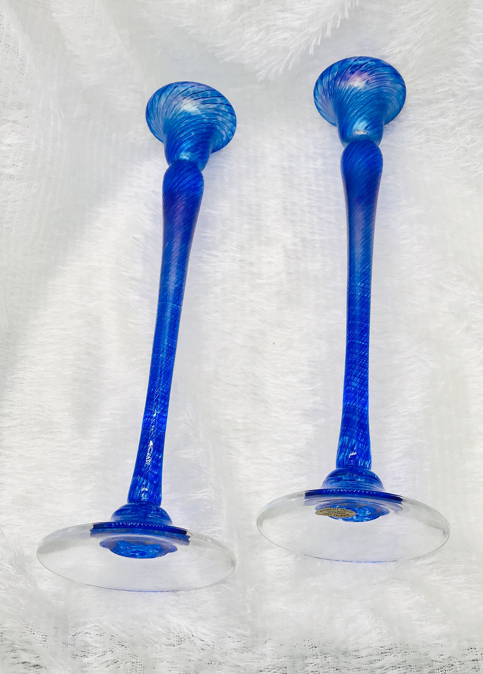 Thumbnail: Robert Held Art Glass Cobalt Blue with Feather Design Tall Candlesticks