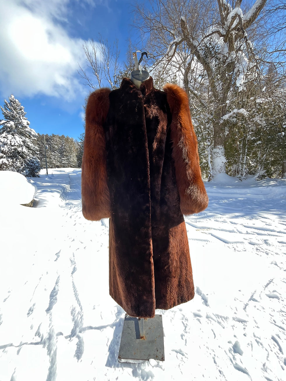 Thumbnail: Vintage Brown Sheared Mink Fur with Brown Fox Sleeves Coat - Size X-Small