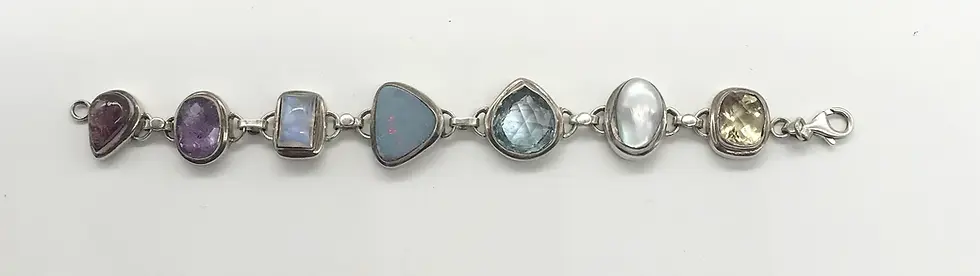 Thumbnail: Vintage Multi Gemstones and Pearl Link Silver Bracelet