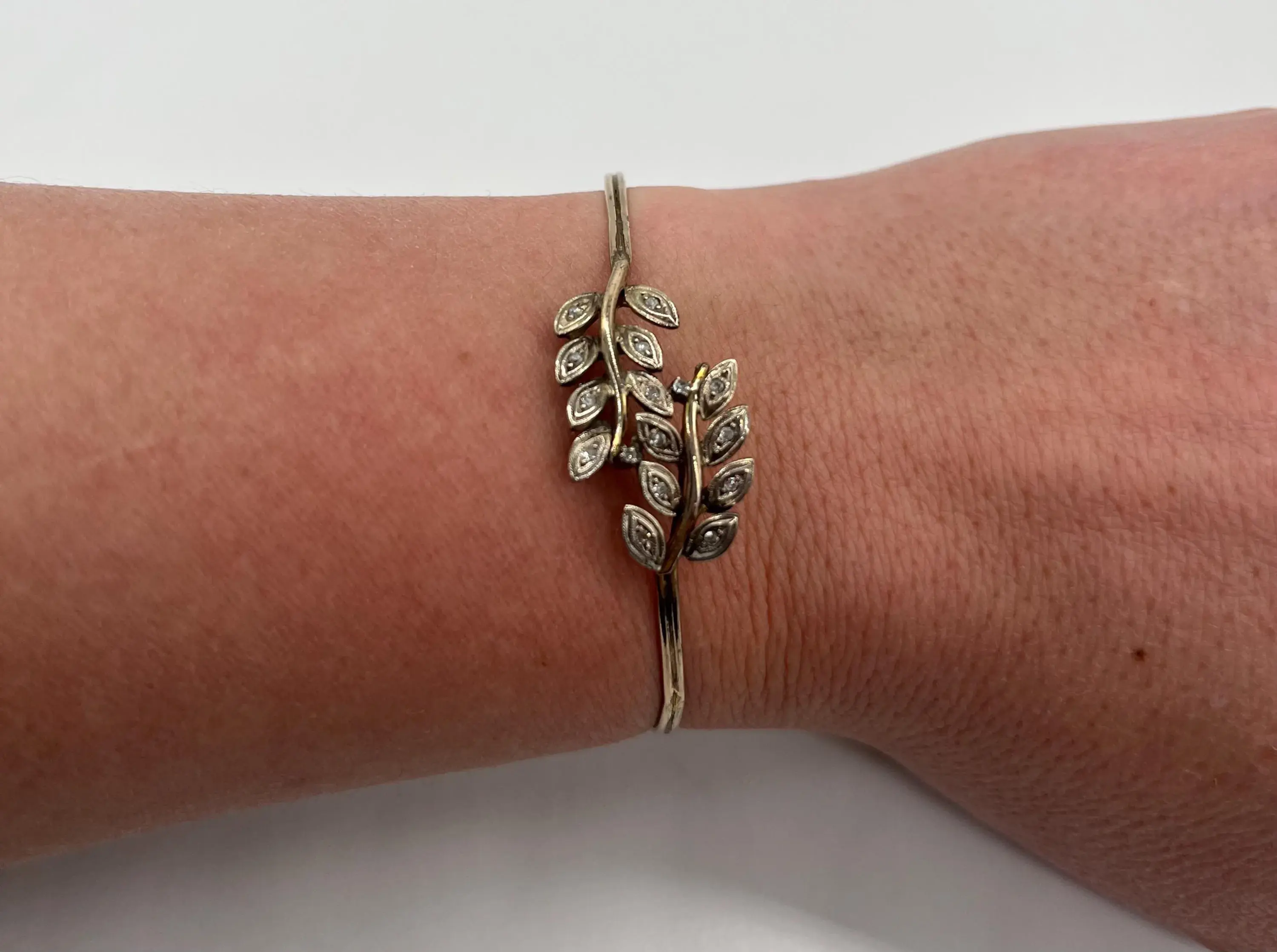 Handmade Leaf Design 10k Yellow and White Gold Bracelet with Diamonds