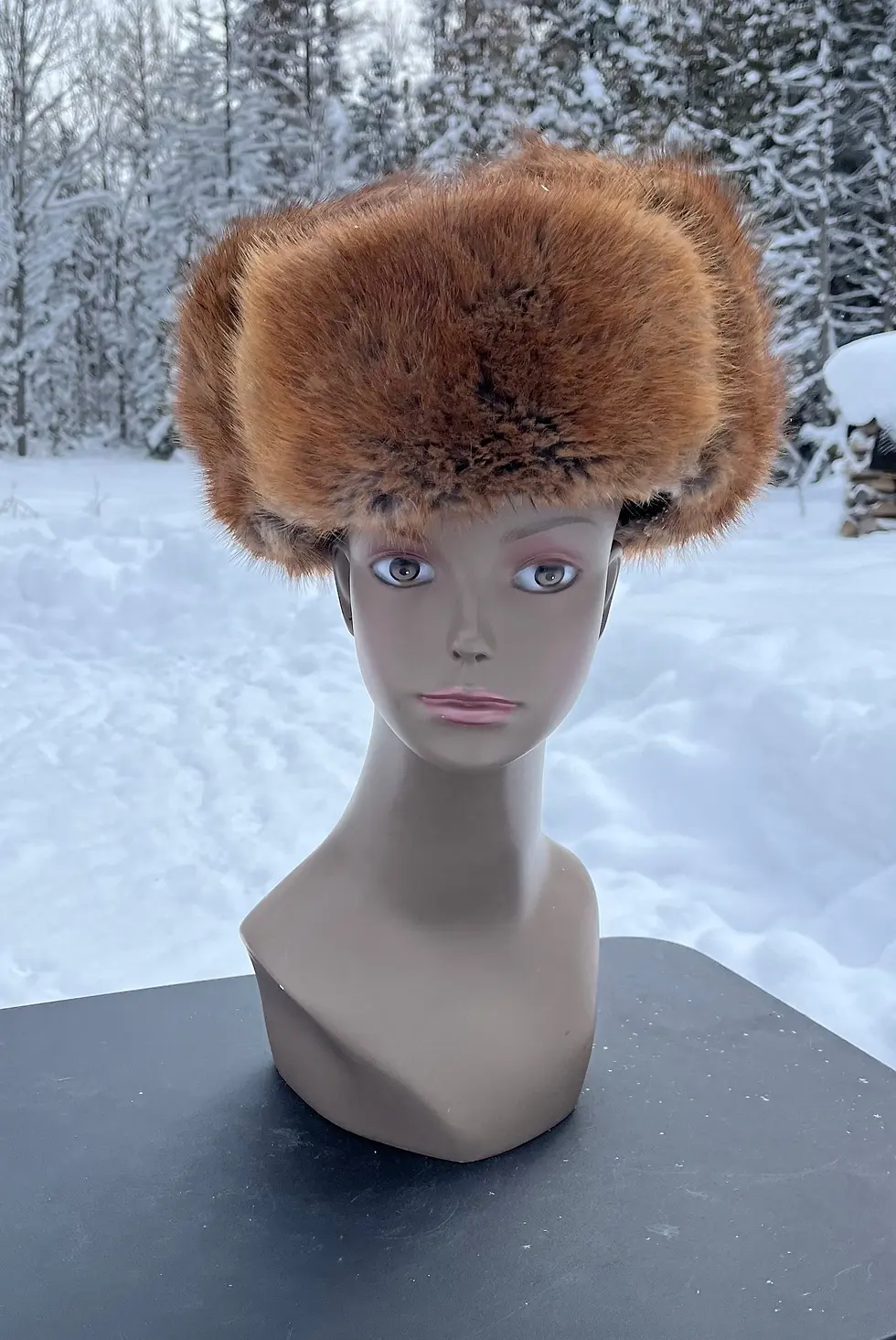 Vintage Brown Leather & Fox Fur Hat, Vintage Hat