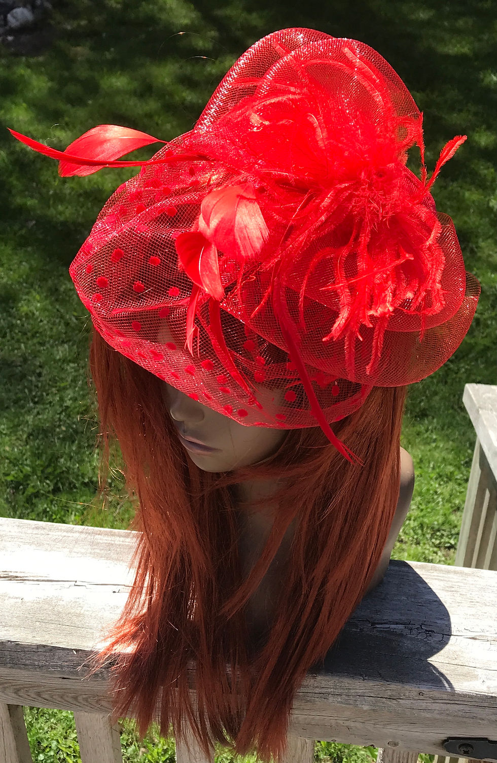 Thumbnail: Red Pillbox Style Fancy Fascinator with Feathers and Birdcage Clip and Headband