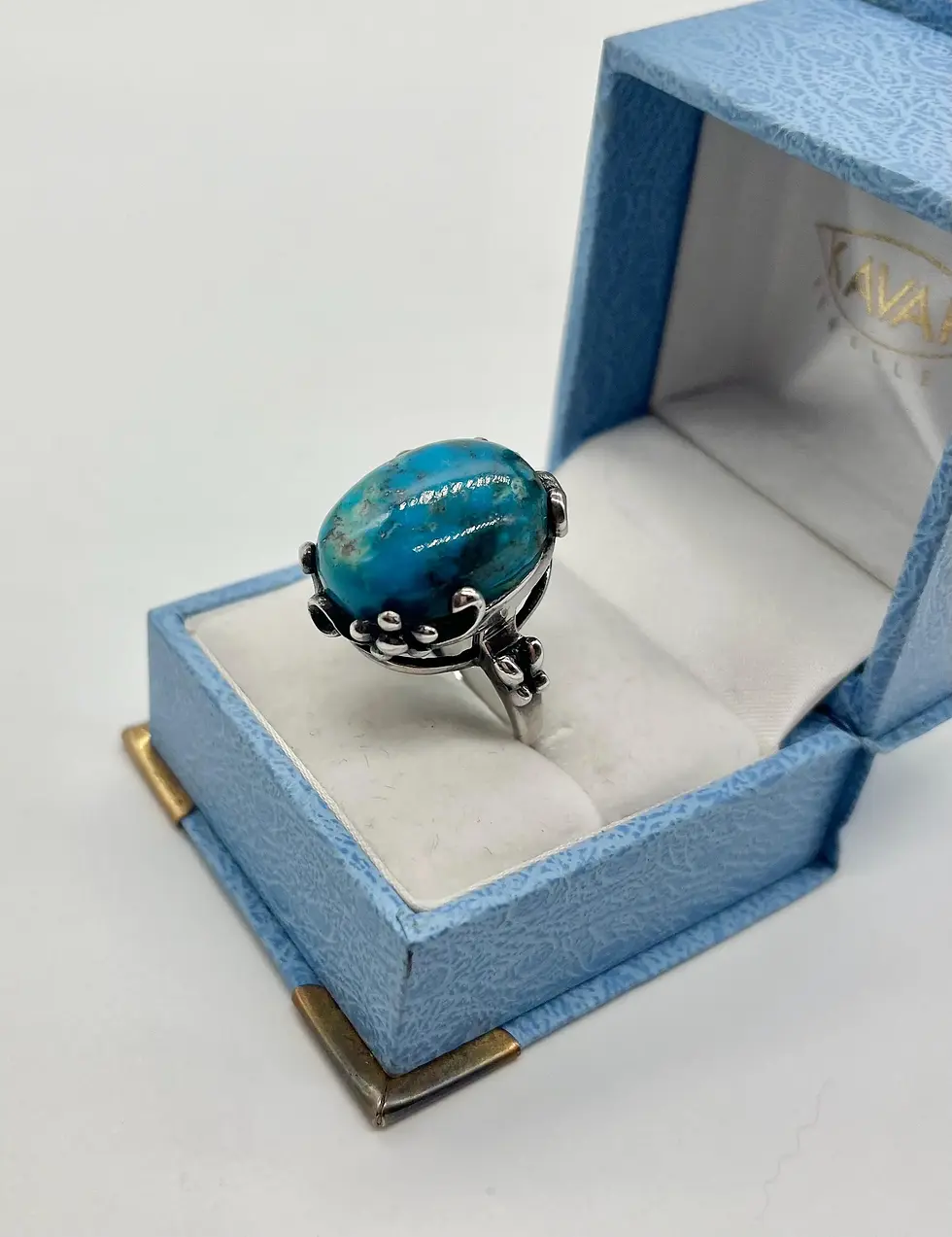 Thumbnail: Vintage Turquoise Cocktail Ring with Floral Design Size 8