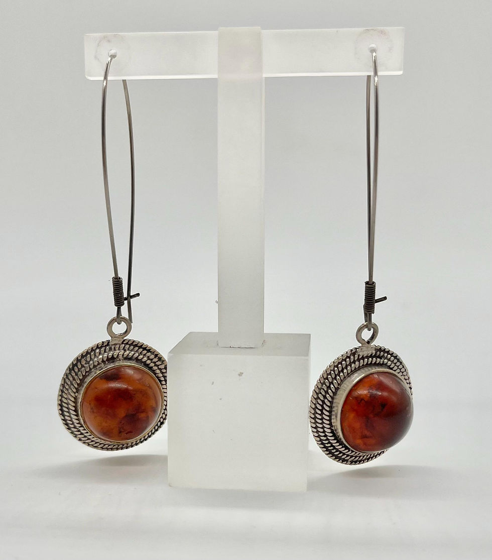 Thumbnail: Vintage Genuine Natural Cognac Baltic Amber Round Shape Drop Earrings