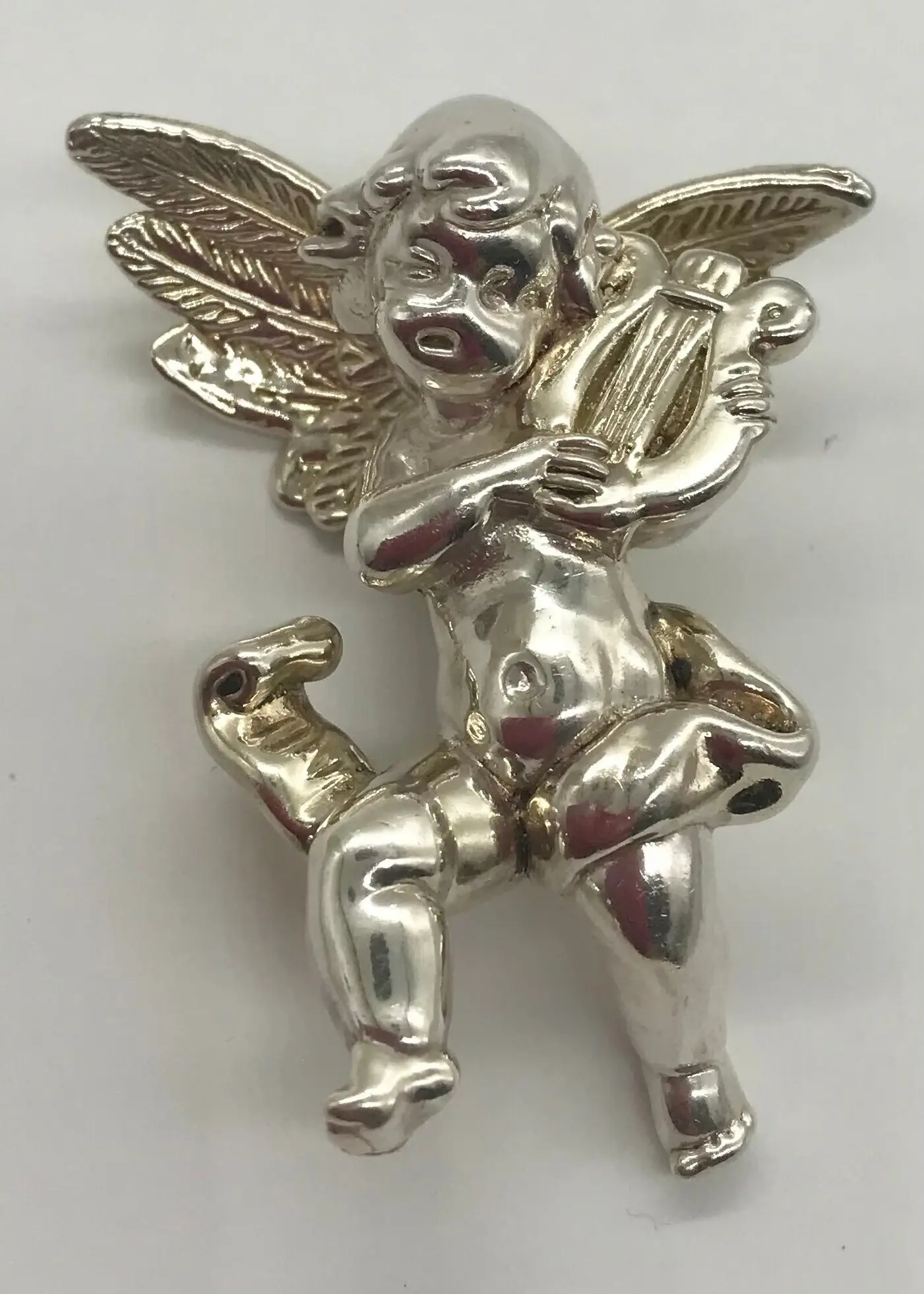 Vintage Handmade Cupid with Music Harp Silver Brooch Pin