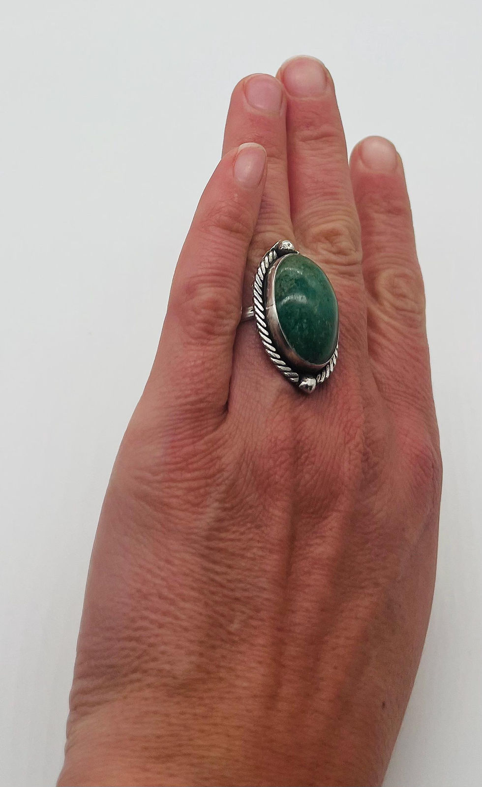 Thumbnail: Vintage Oval Shape Green Turquoise Gemstone & Silver Ring Size 6.5