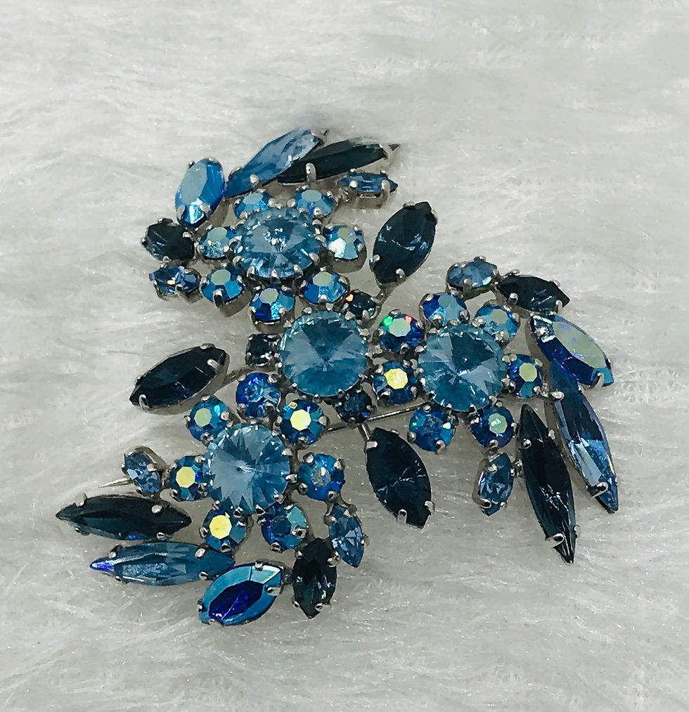 Thumbnail: Vintage Signed SHERMAN Floral Shades of Blue Brooch Pin and Earrings Set