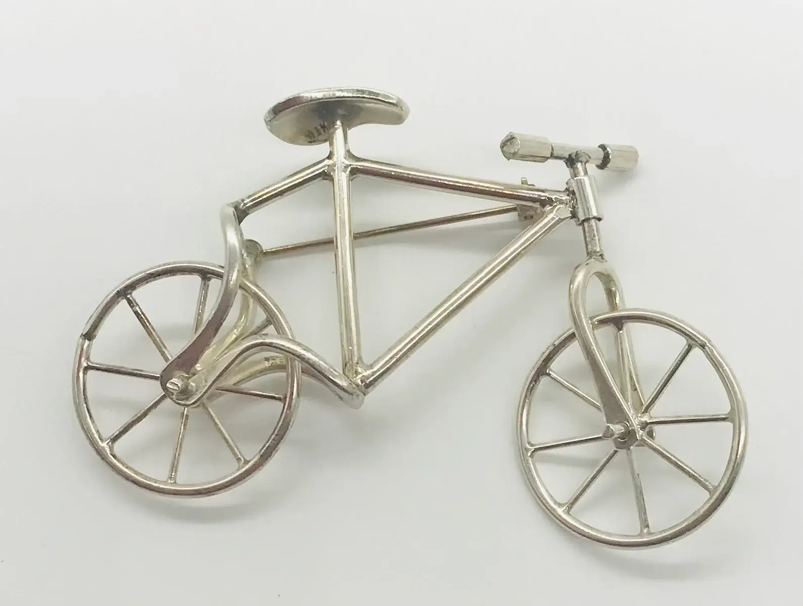 Vintage Handmade Silver Bicycle Brooch Pin with Movable Wheels