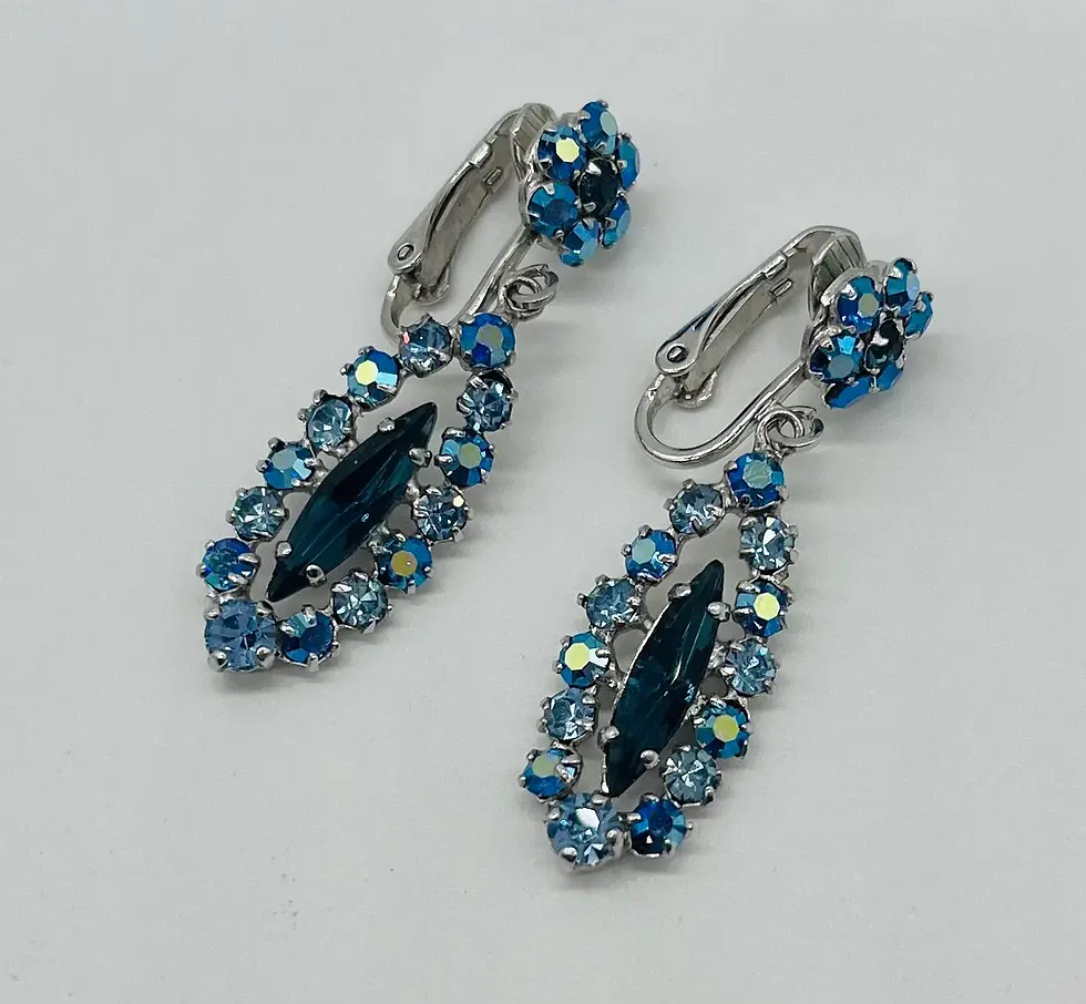 Thumbnail: Vintage Signed SHERMAN Floral Shades of Blue Brooch Pin and Earrings Set