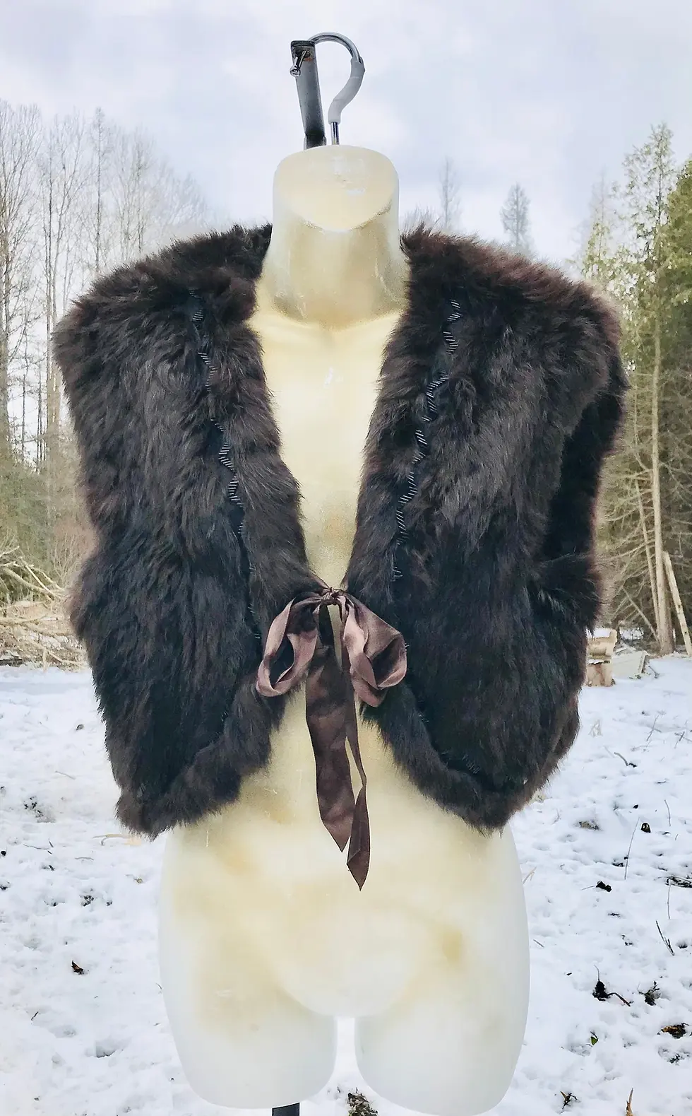Vintage Brown Woven Rabbit Fur Vest with Ribbon Tie & Beadwork