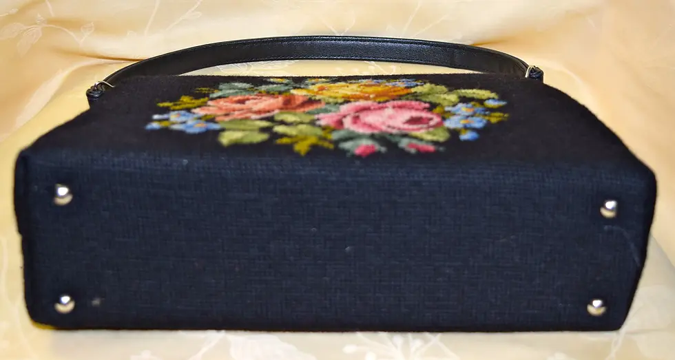 Thumbnail: Vintage 1960’s Needlepoint Handbag Black with Floral Design