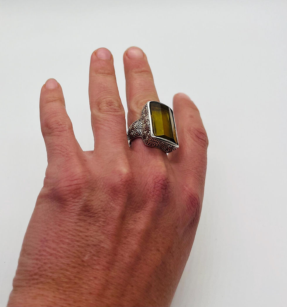 Thumbnail: Authentic Peridot Colour Baltic Amber with Fancy Silver Ring Size 8