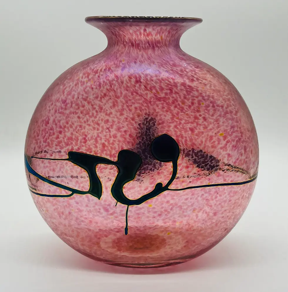 Thumbnail: Handmade Signed Robert Held Art Glass Round Shape Pink and Metallic Vase