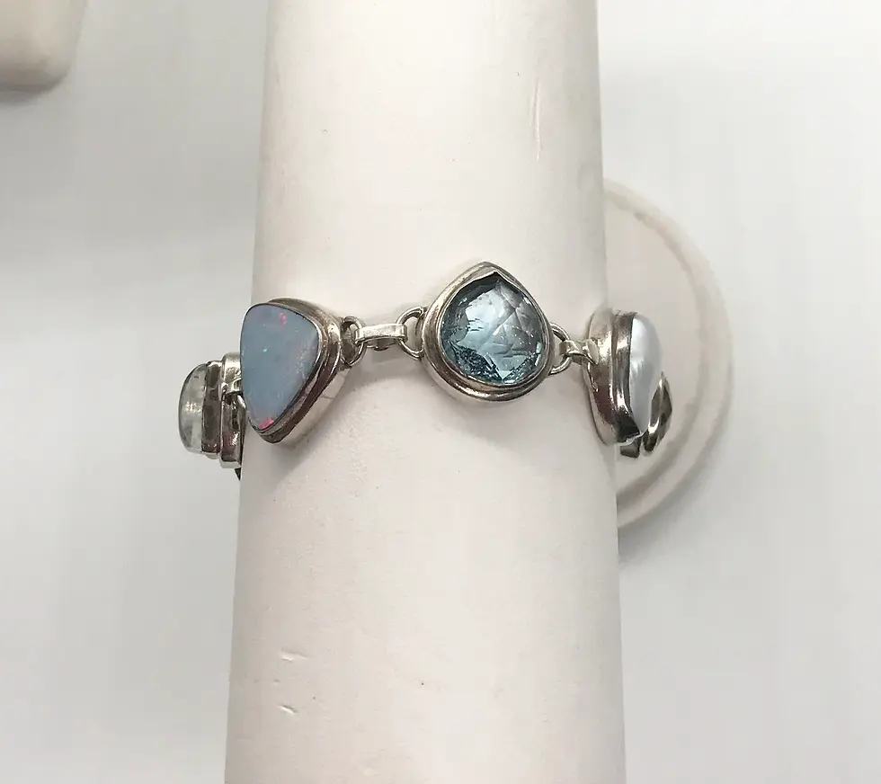 Vintage Multi Gemstones and Pearl Link Silver Bracelet