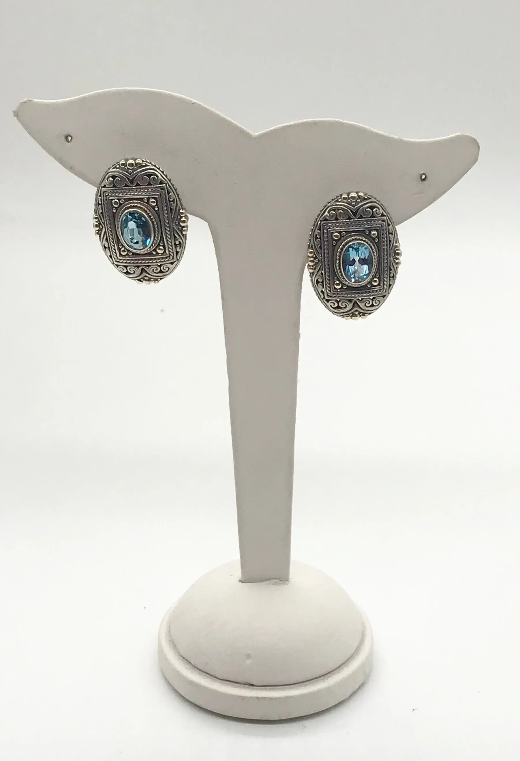 Eleganza Oval Shape Silver, 18k Gold and Blue Topaz Fancy Earrings