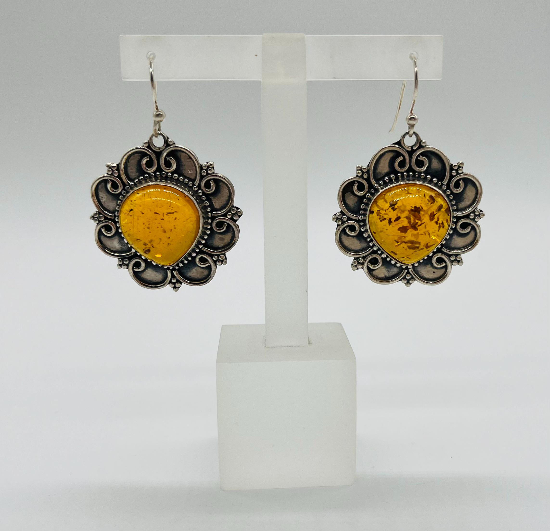 Genuine Natural Cognac Baltic Amber with Floral Silver Design Drop Earrings