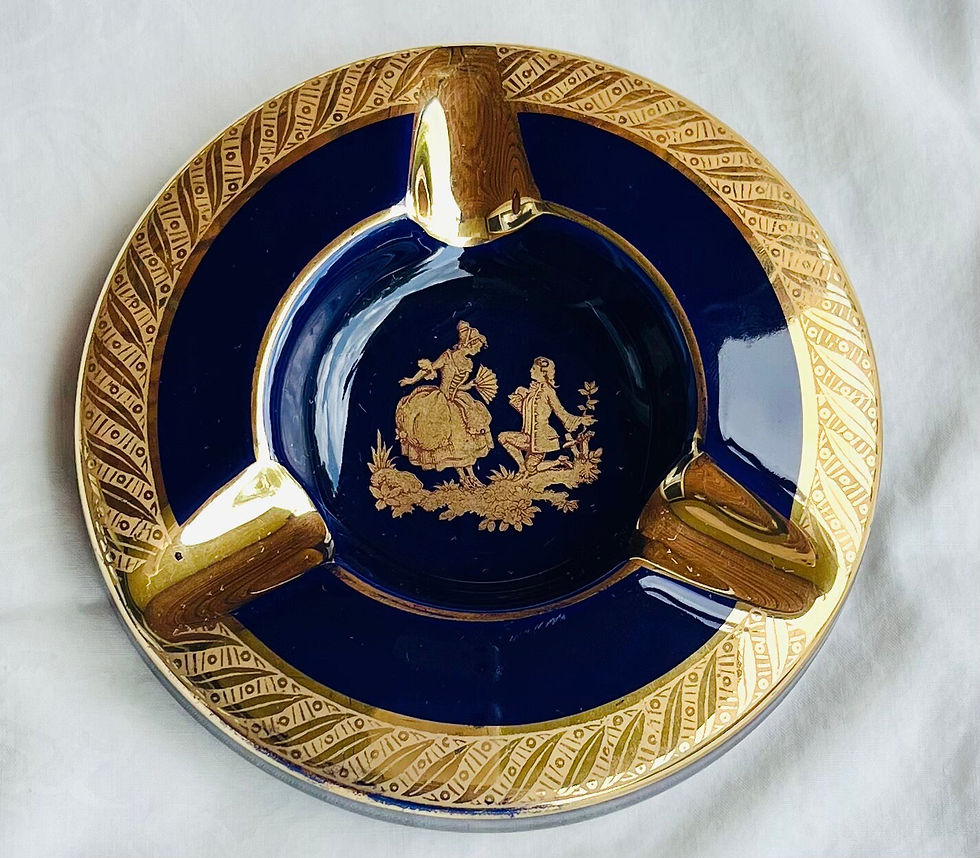 Vintage Limoges France Porcelain Cobalt Blue and Gold Romantic Portrait Ashtray